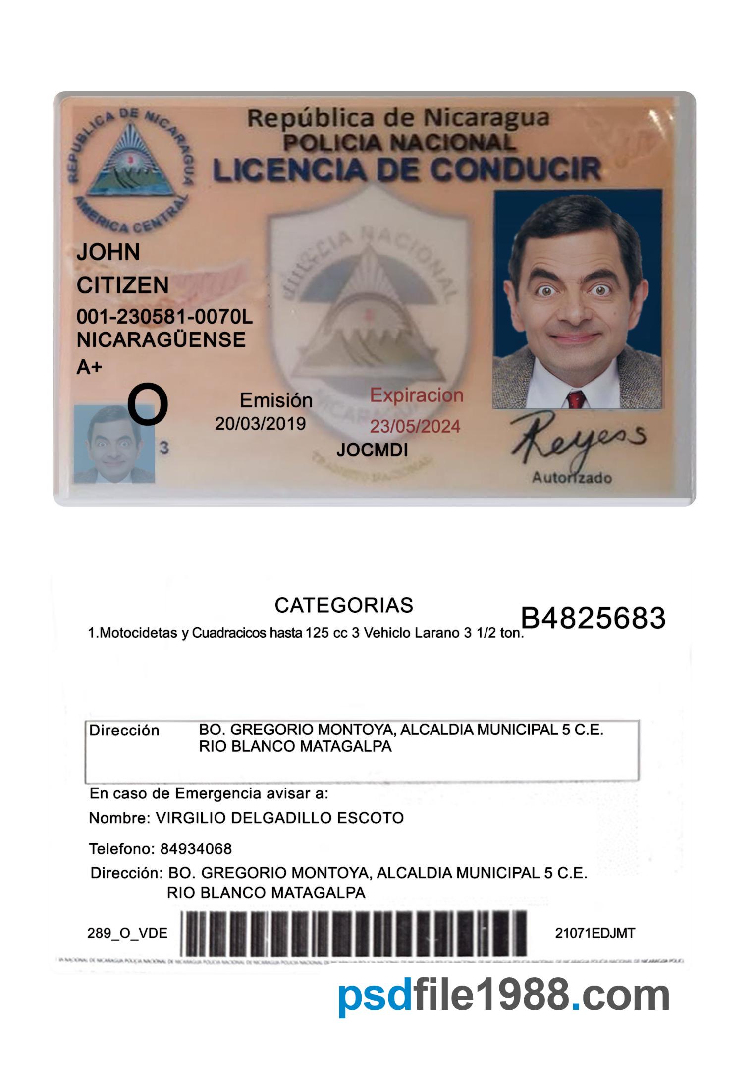 Nicaragua Driving License 2019-Present